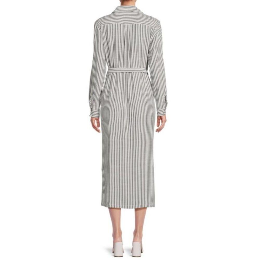 NWT Gray & White Striped Sz Small Belted Button Up Midi Shirt Dress MAX STUDIO - Picture 3 of 8